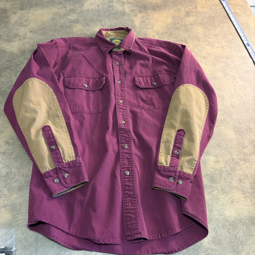 Cabela's Button Down Shirt Mens M Tall Burgundy Elbow Patch Canvas 902617